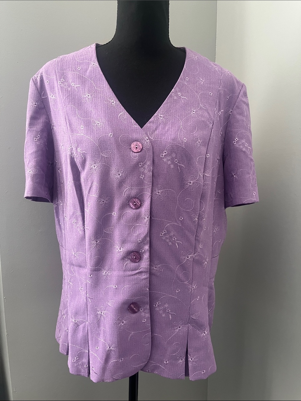 Purple short sleeve blouse with floral embroidery